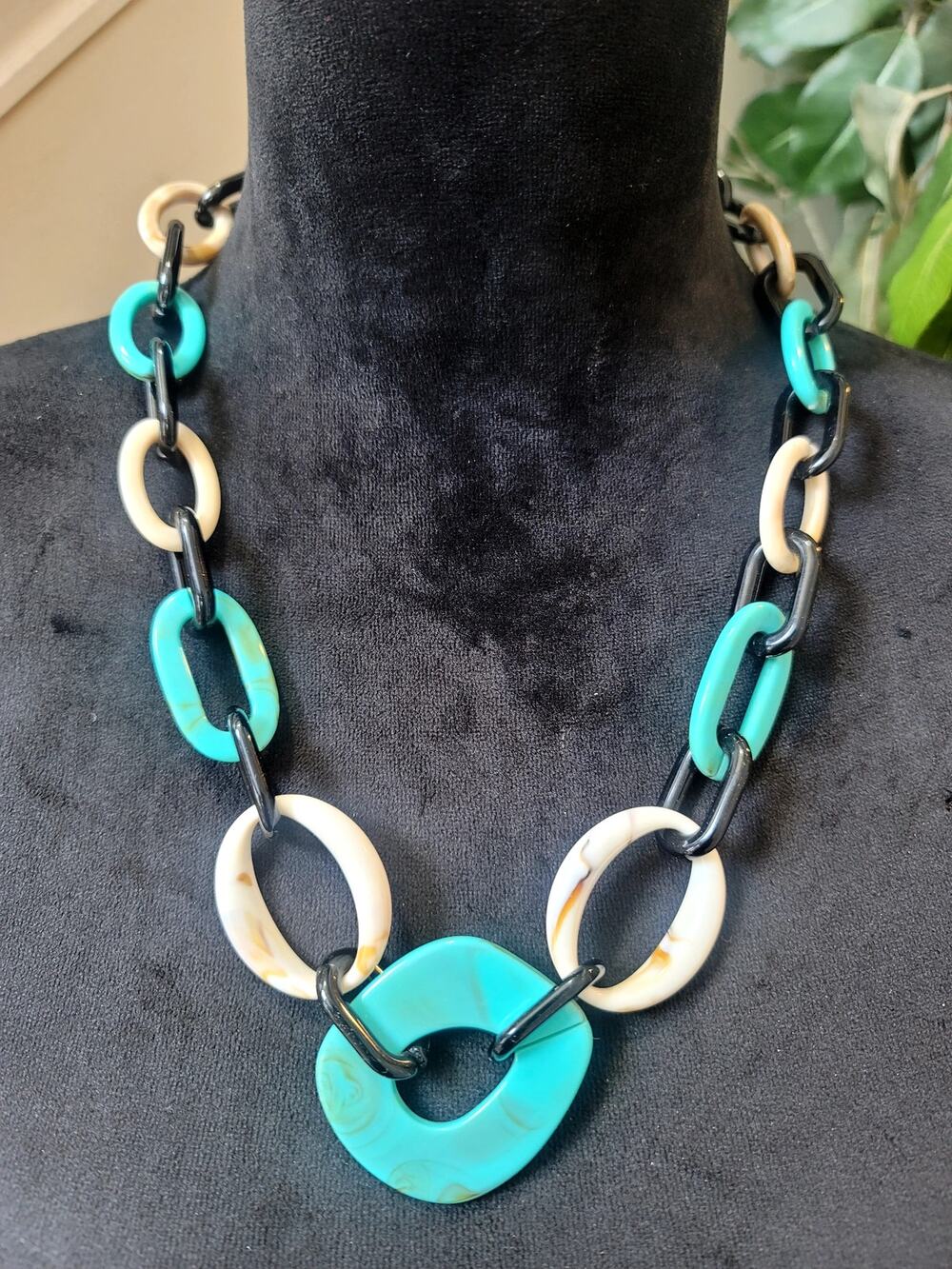 Chunky Resin Link Necklace & Earrings Set Turquoise Black White Statement Boho